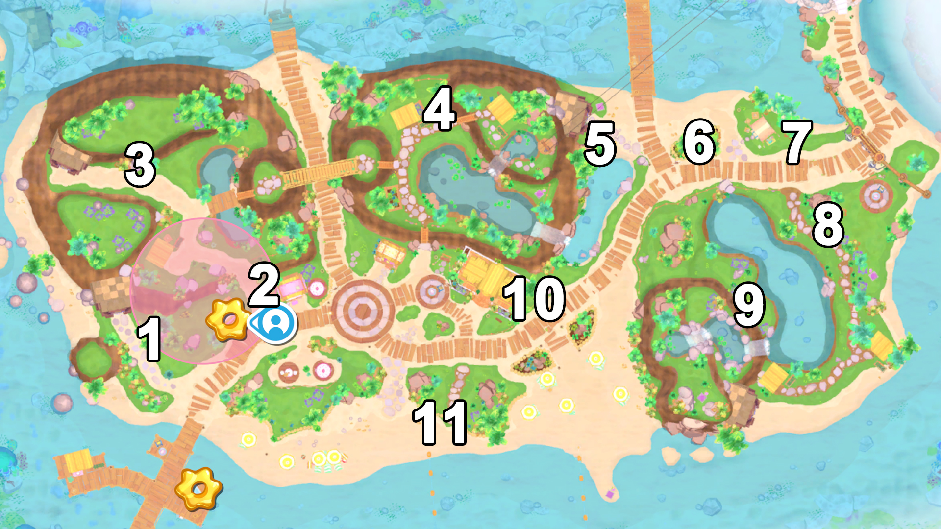 A map showing Hello Kitty Island Adventure rubber locations on the first island.