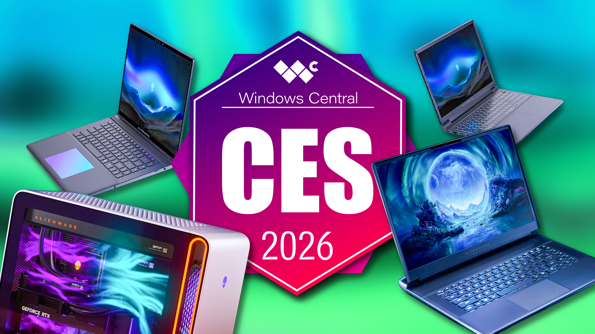 Alienware Area-51 Laptop, Area-51 Desktop, 16X Aurora, Ultra Slim, and Entry Level laptop around a big pink and purple badge that reads, "Windows Central CES 2026."