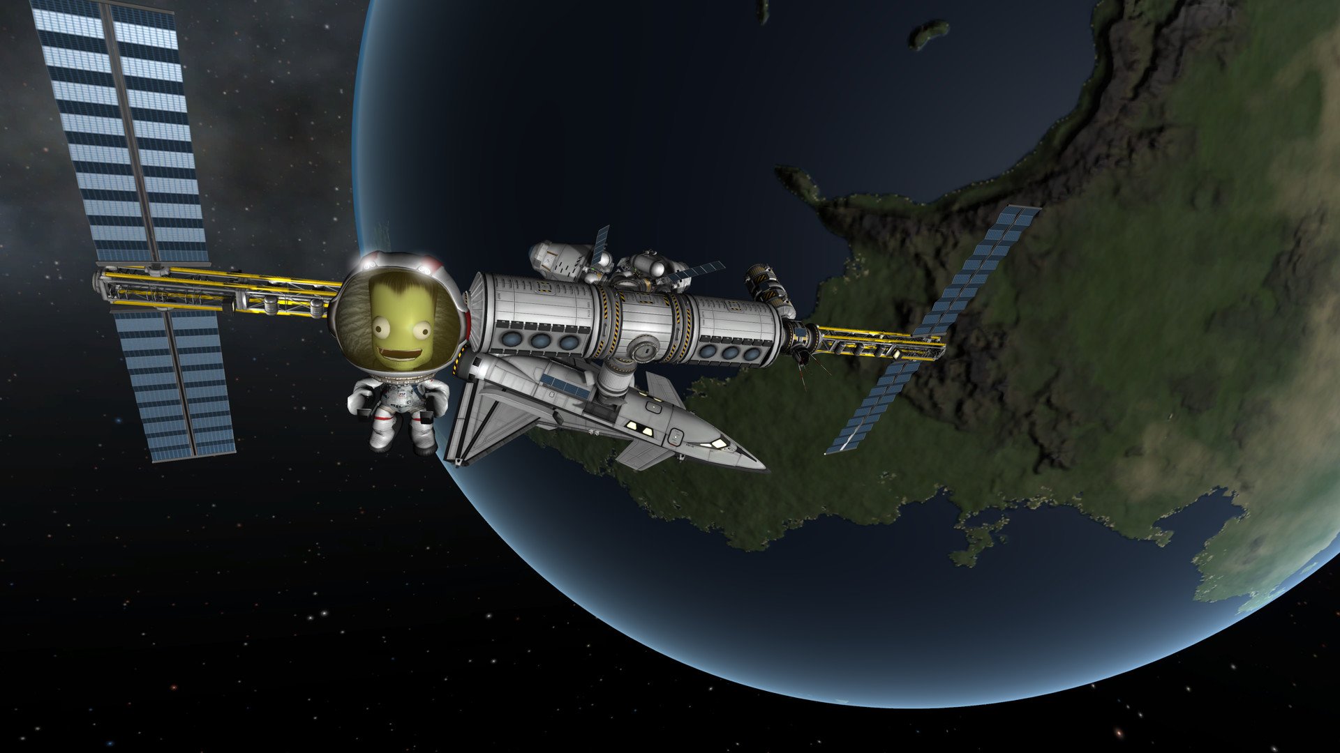 Kerbal floating in front of his space station