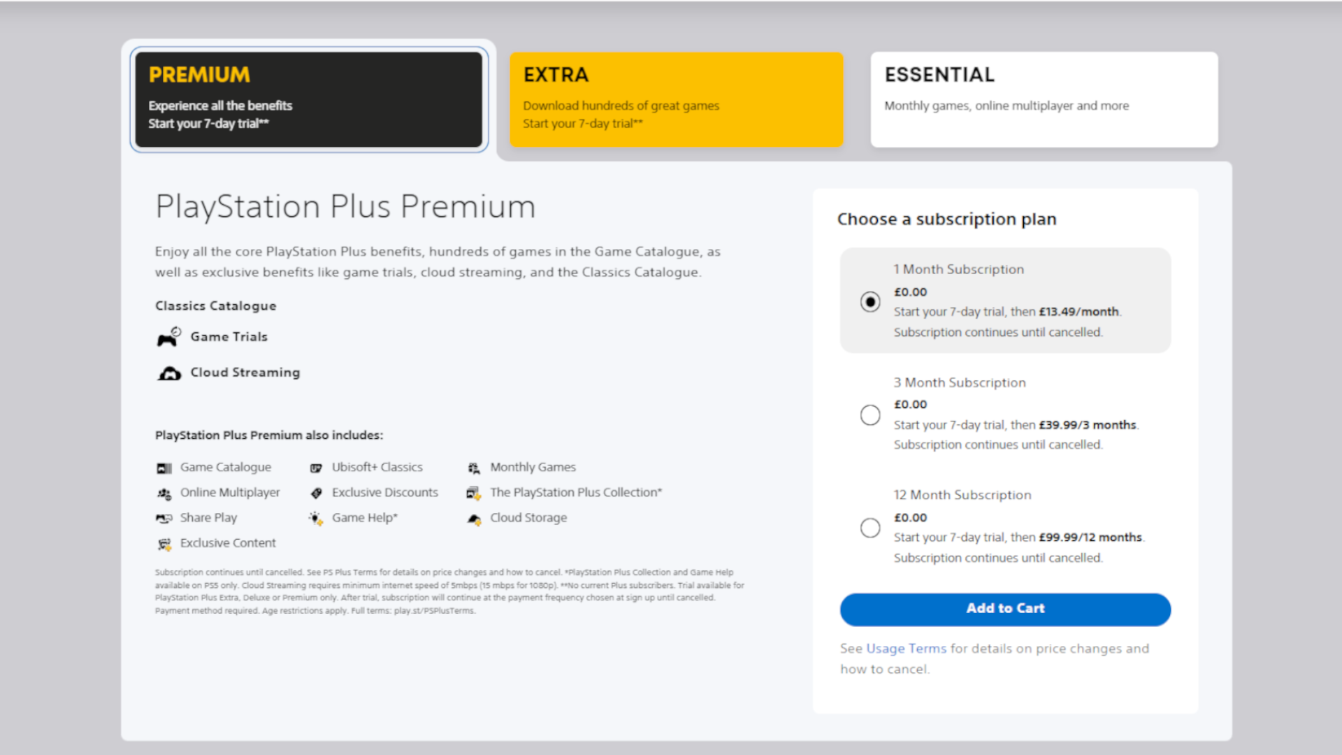 Снимок экрана Подробная информация о плане подписки PS Plus Premium с бесплатной 7-дневной пробной версией