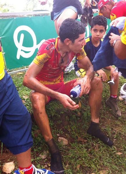 Race leader Paolo Montoya recovers after winning the stage