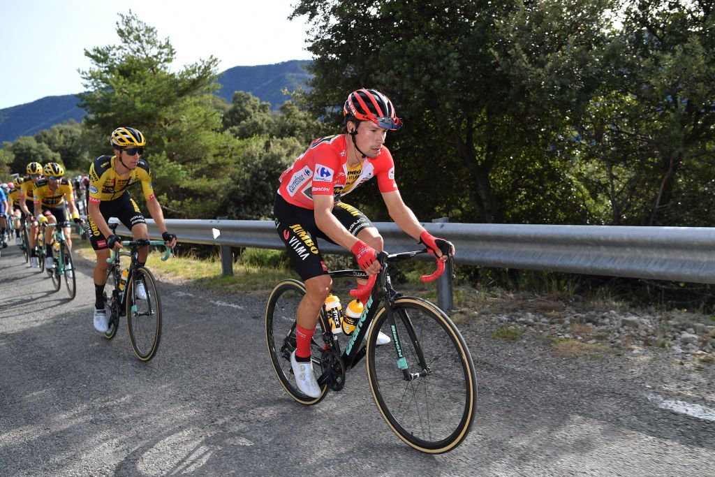 SABIANIGO SPAIN OCTOBER 24 Primoz Roglic of Slovenia and Team Jumbo Visma Red Leader Jersey during the 75th Tour of Spain 2020 Stage 5 a 1844km Huesca to Sabinigo 835m lavuelta LaVuelta20 La Vuelta on October 24 2020 in Sabinigo Spain Photo by Justin SetterfieldGetty Images