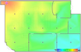 'Heat map' showing Wi-Fi signal strength in the Purch Labs workspace. Router indicated by star in upper left corner. Credit: Purch Labs