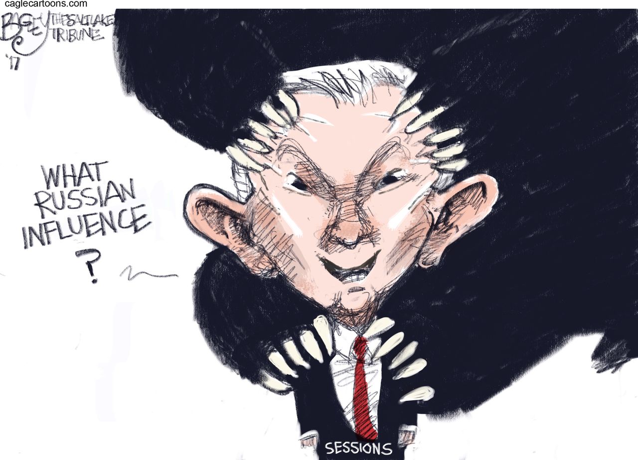 Political Cartoon U.S. Donald Trump Jeff Sessions Russia bear