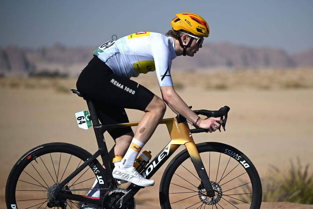 SKYVIEWS OF HARRAT UWAYRID SAUDI ARABIA JANUARY 31 Adne Holter of Norway and Team UnoX Mobility White Best Young Rider Jersey competes during the 5th AlUla Tour 2025 Stage 4 a 1409km stage from Maraya to Skyviews of Harrat Uwayrid 1159m on January 31 2025 in Skyviews of Harrat Uwayrid Saudi Arabia Photo by Szymon GruchalskiGetty Images
