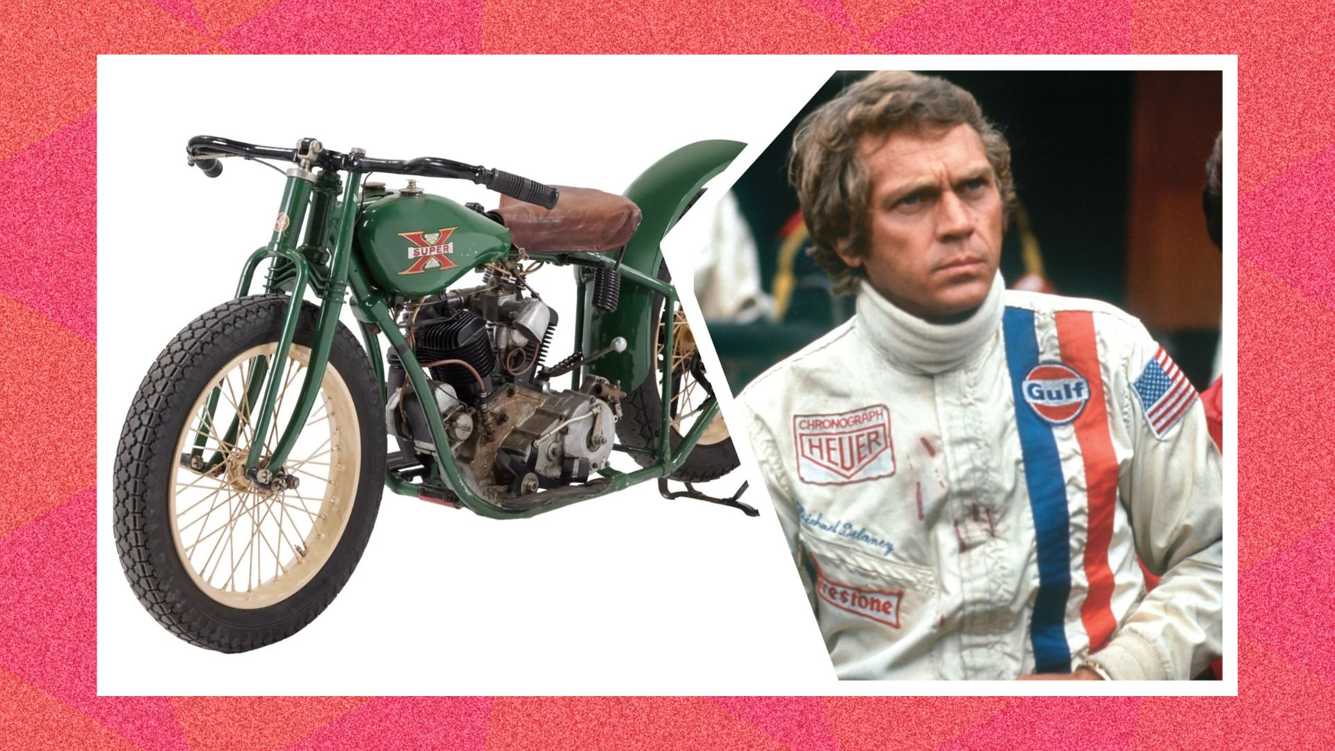 Steve McQueen, as he appears in Le Mans and his bike that is being auctioned 