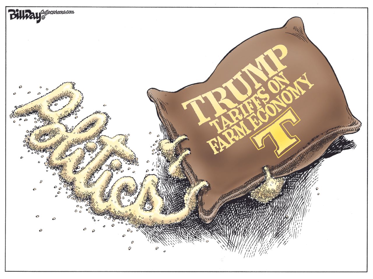 Political cartoon U.S. Trump tariffs farm economy subsidies