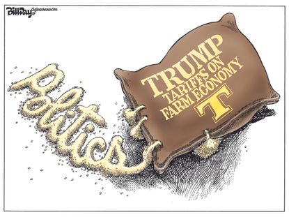 Political cartoon U.S. Trump tariffs farm economy subsidies