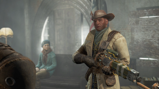 A survivor holding a gun dressed in a trench coat