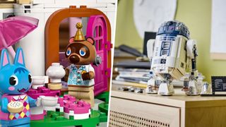 Lego Tom Nook in a party hat, divided from a picture of R2-D2 on a table by a white line
