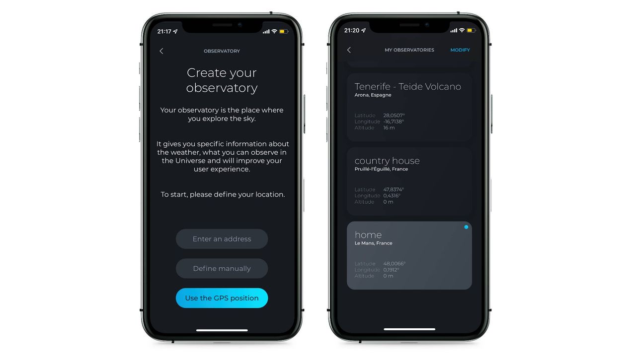Screenshot from the Vaonis Singularity App. This screenshot shows 2 phone screens. On the left there is a 'Create your observatory' feature and on the right is a like of 'My observatories already recorded.