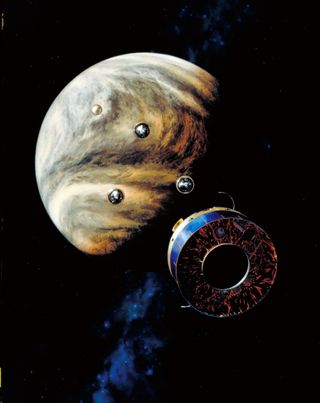 A NASA illustration shows the Pioneer 13 probes descending toward the clouds of Venus.
