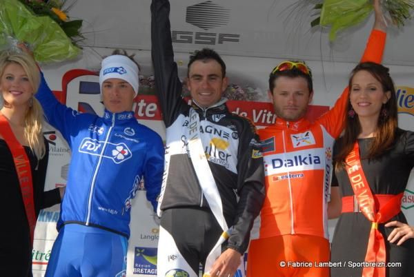 Route Ad&eacute;lie de Vitr&eacute; podium (l-r): Gianni Meersman (FDJ), Renaud Dion (Bretagne - Schuller), Steven Tronet (Roubaix Lille Metropole)