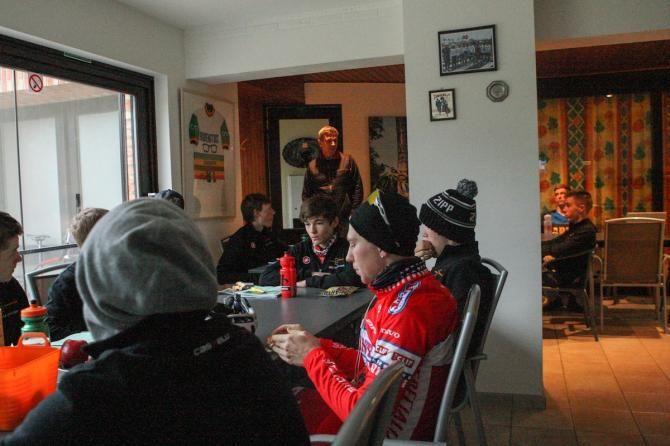 Logan Owen and the other riders at Euro 'Cross Camp listen to Geoff Proctor during one of the many discussions on racing, training, recovery and life as a bike racer.