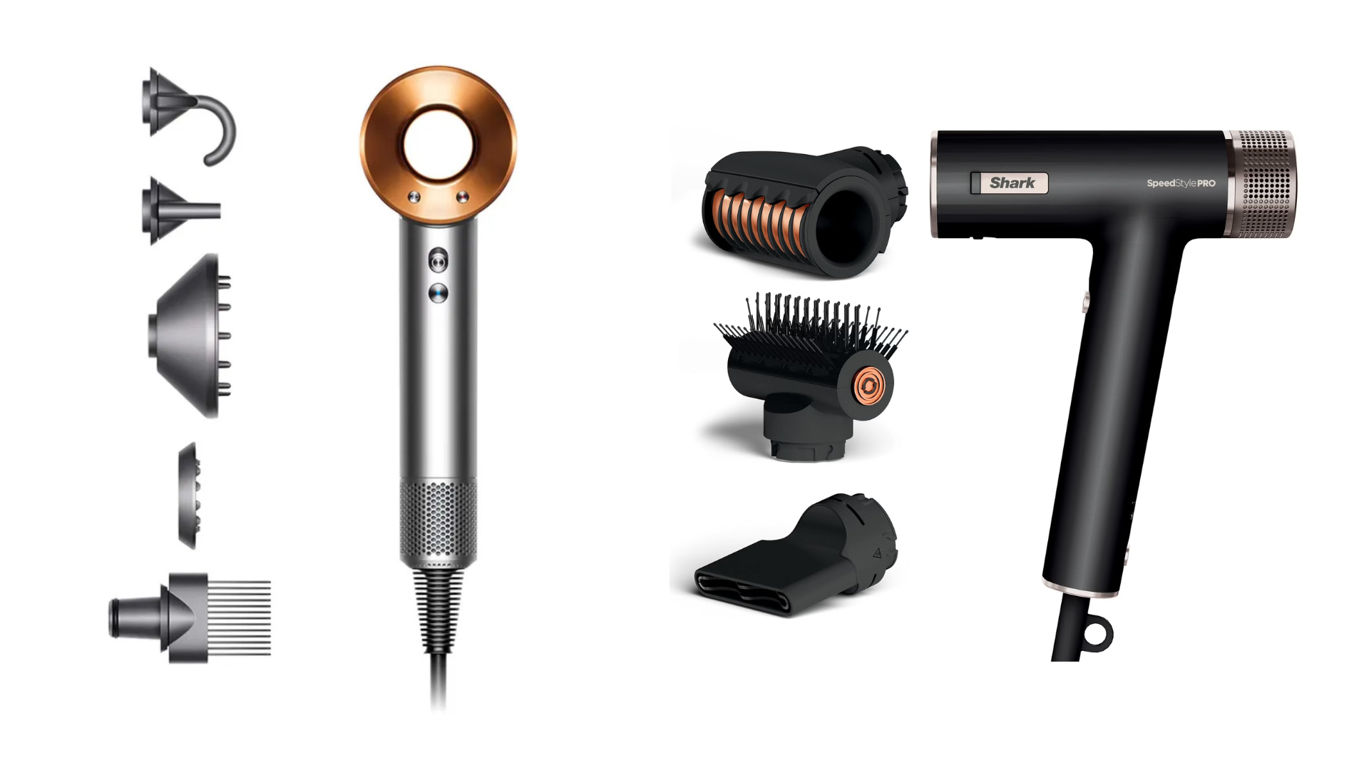 The Dyson Supersonic (left) and Shark SpeedStyle Pro (right) with their attachments