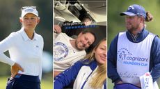 Emily Kristine Pedersen (left) and her caddie boyfriend Olly Brett (right) with screenshot of Pedersen's Instagram story involving the pair sat on a place (centre)