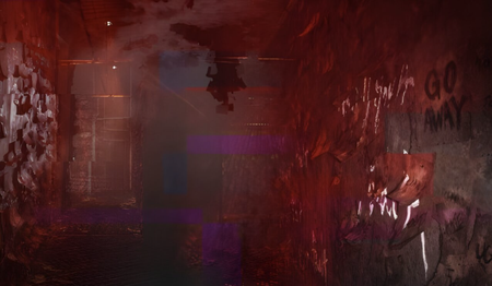 Concept art from the game shows a dilapidated room soaked in red lighting