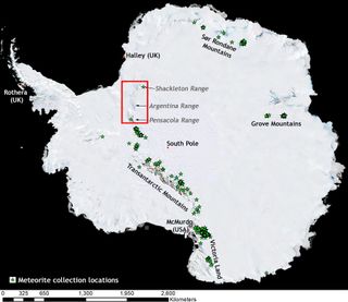 A U.S. Geological Survey map of Antarctica showing meteorite collection sites. Green stars indicate spots where meteorites have been recovered. The red square indicates the area where a new British Antarctic Survey and University of Manchester expedition may find potential new meteorite stranding zones (and buried iron-rich meteorites).