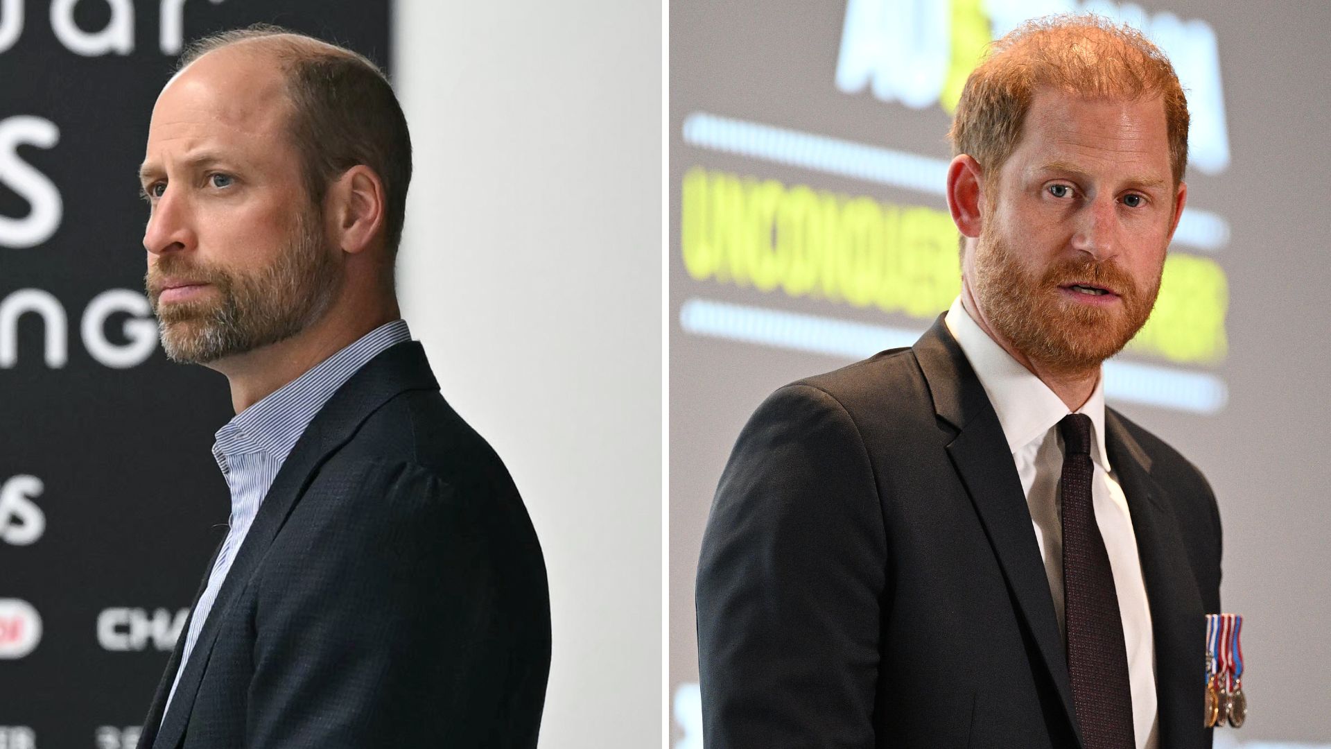 A composite of a picture of Prince William in 2026 and a picture of Prince Harry in 2026