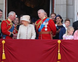 Queen Elizabeth II, Meghan, Duchess of Sussex, Prince Harry, Duke of Sussex on the balcony of Buckingham Palace during Trooping The Colour, the Queen's annual birthday parade, on June 08, 2019