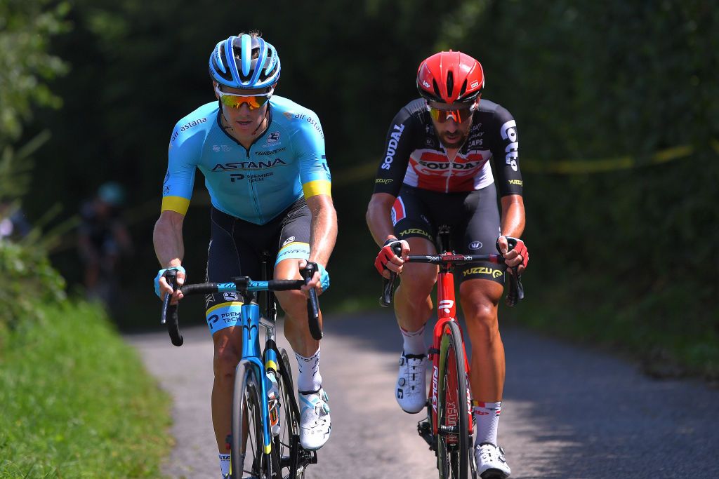 BIELSKOBIALA POLAND AUGUST 07 Jakob Fuglsang of Denmark and Astana Pro Team Thomas De Gendt of Belgium and Team Lotto Soudal during the 77th Tour of Poland 2020 Stage 3 a 2031km stage from Wadowice to BielskoBiaa 433m TourdePologne tdp20 on August 07 2020 in BielskoBiala Poland Photo by Luc ClaessenGetty Images