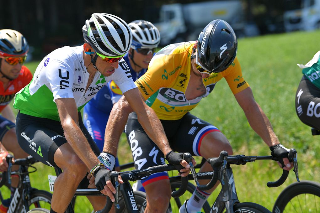 Peter Sagan checks Roman Krueziger's ride during stage 5 at Tour de Suisse