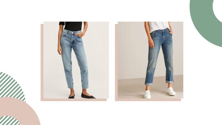 composite image of Mom jeans vs Boyfriend jeans