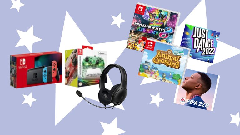STARS HIGHLIGHTING IMAGES OF NINTENDO SWITCH HANDSETS AND TRIO OF GAMES IN THE NINTENDO BLACK FRIDAY DEALS