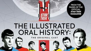 people in jumpsuits stand under an illustrated planet and the words 'star trek: the illustrated oral history'