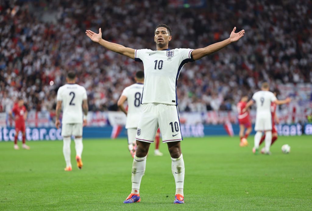 England Euro 2024 squad Jude Bellingham of England celebrates scoring his team&#039;s first goal during the UEFA EURO 2024 group stage match between Serbia and England at Arena AufSchalke on June 16, 2024 in Gelsenkirchen, Germany. (Photo by Matt McNulty - UEFA/UEFA via Getty Images)