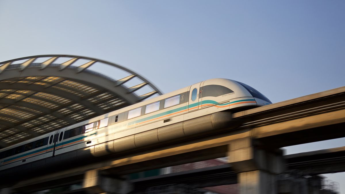 The Shanghai Maglev Train, also known as the Shanghai Transrapid, a high-speed magnetic levitation train leaving the station.