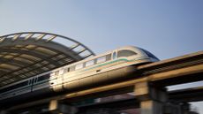 The Shanghai Maglev Train, also known as the Shanghai Transrapid, a high-speed magnetic levitation train leaving the station.