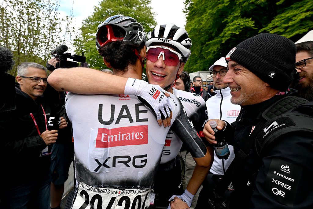 TAGLIACOZZO MARSIA ITALY MAY 16 LR Isaac Del Toro of Mexico and stage winner Juan Ayuso of Spain and Team UAE Team Emirates XRG react after the 108th Giro dItalia 2025 Stage 7 a 168km stage from Castel di Sangro to Tagliacozzo Marsia 1424m UCIWT on May 16 2025 in Tagliacozzo Marsia Italy Photo by Tim de WaeleGetty Images