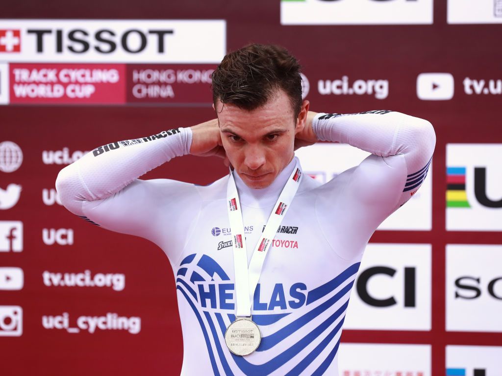 Christos Volikakis on the podium of the Men&#039;s Scratch Race during the 2019 UCI Track Cycling World Cup in Hong Kong