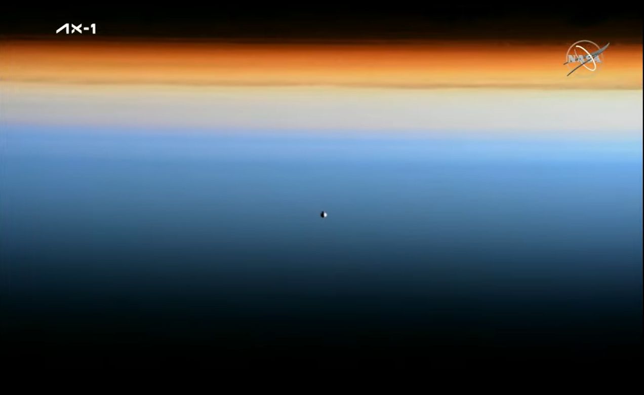 SpaceX's Crew Dragon Endeavour carrying the Ax-1 crew closes in on the International Space Station during an orbital sunrise during docking operations on April 9, 2022.