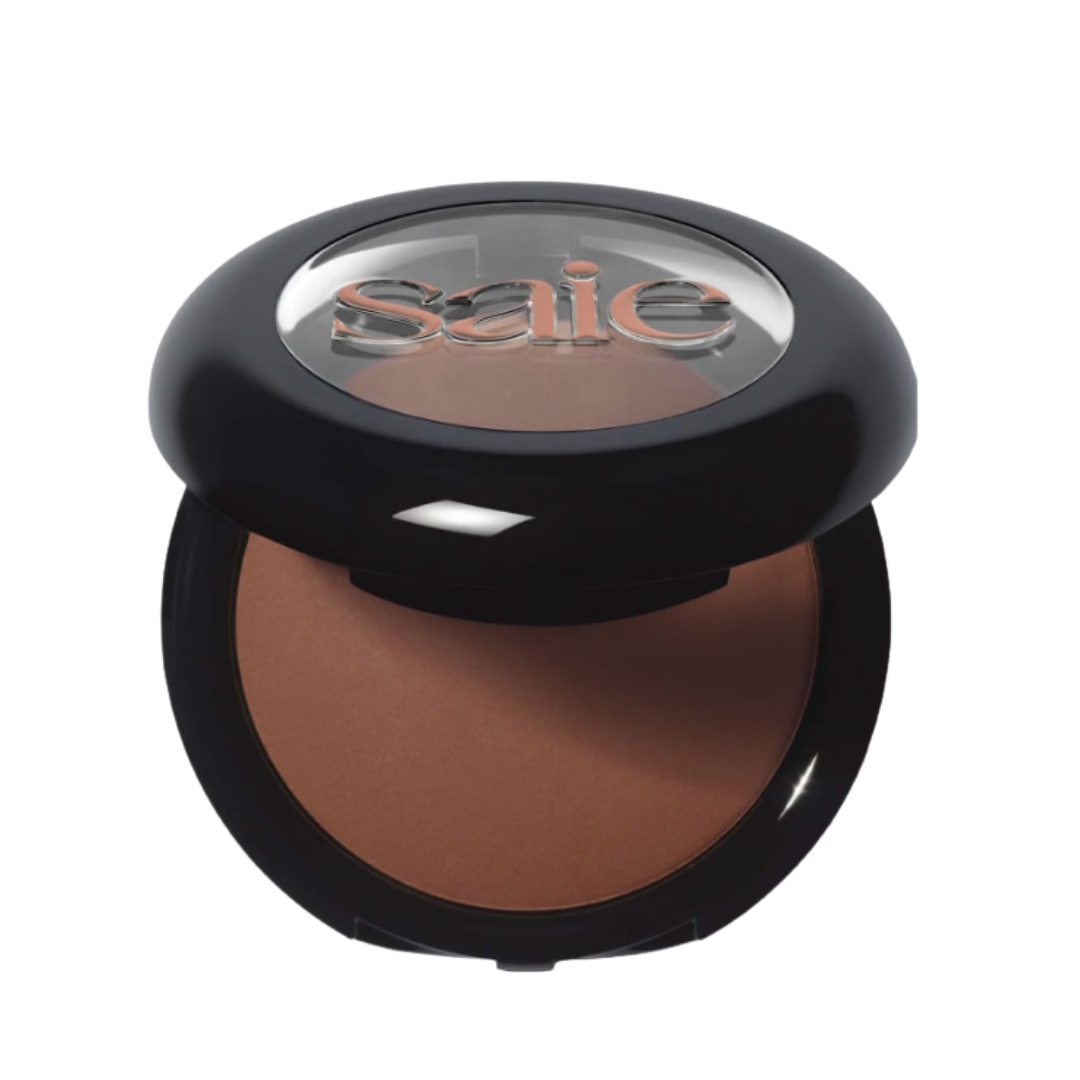 A product shot of the Saie SuperSuede Radiant Baked Bronzer, on a white background