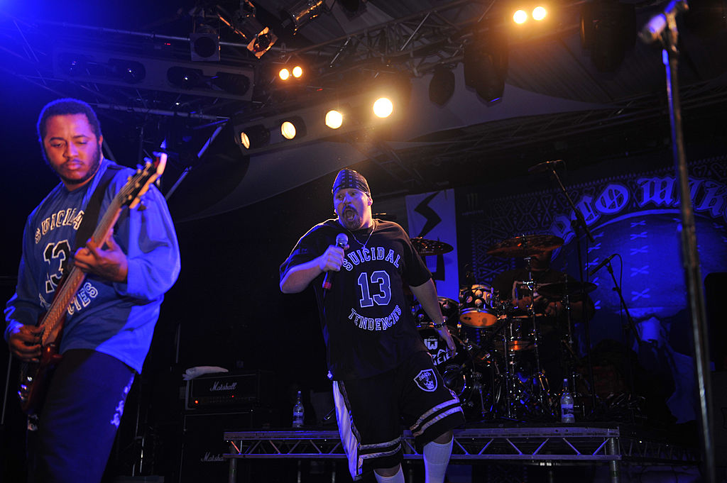 Stephen Thundercat Bruner (L) and Mike Muir of American crossover thrash metal band Suicidal Tendencies, live on stage at Hammerfest, March 13, 2010, Prestatyn