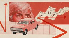 Illustrative collage of a toy car, and a man looking at a calendar flashing past.