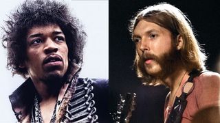 LEFT: Jimi Hendrix RIGHT: Duane Allman of The Allman Brothers performing at the Sunset concert series 'Summerthing' in Boston on the Common in Boston, MA in the summer of 1971. *** NEVER BEFORE PUBLISHED PHOTOS *** © Peter Tarnoff / MediaPunch - Image ID: JK0237 (RM)