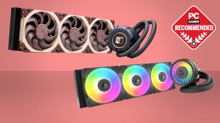 Two of the best liquid coolers on a red background with the PC Gamer recommended logo in the top right.