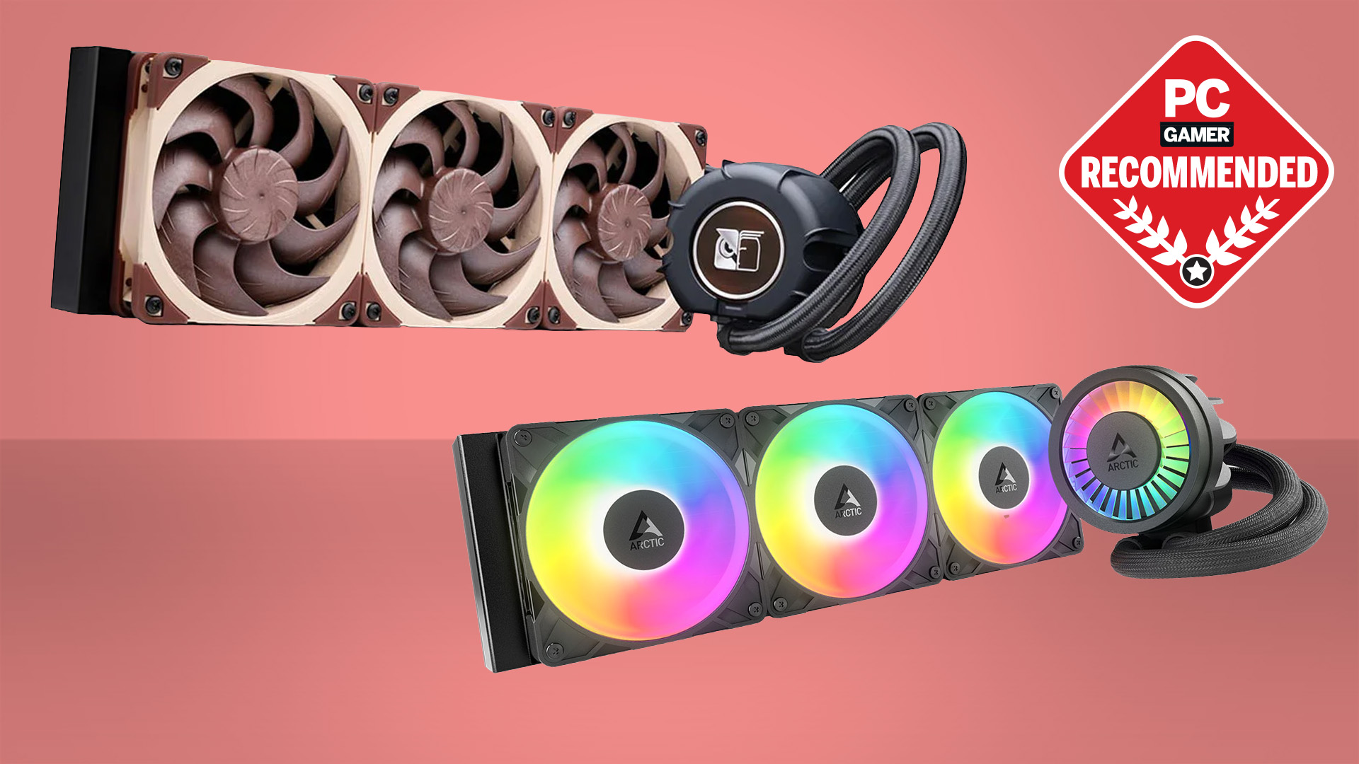 Two of the best liquid coolers on a red background with the PC Gamer recommended logo in the top right.