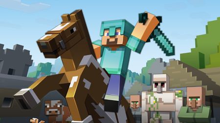 The main packshot for Minecraft featuring the player character wielding a sword