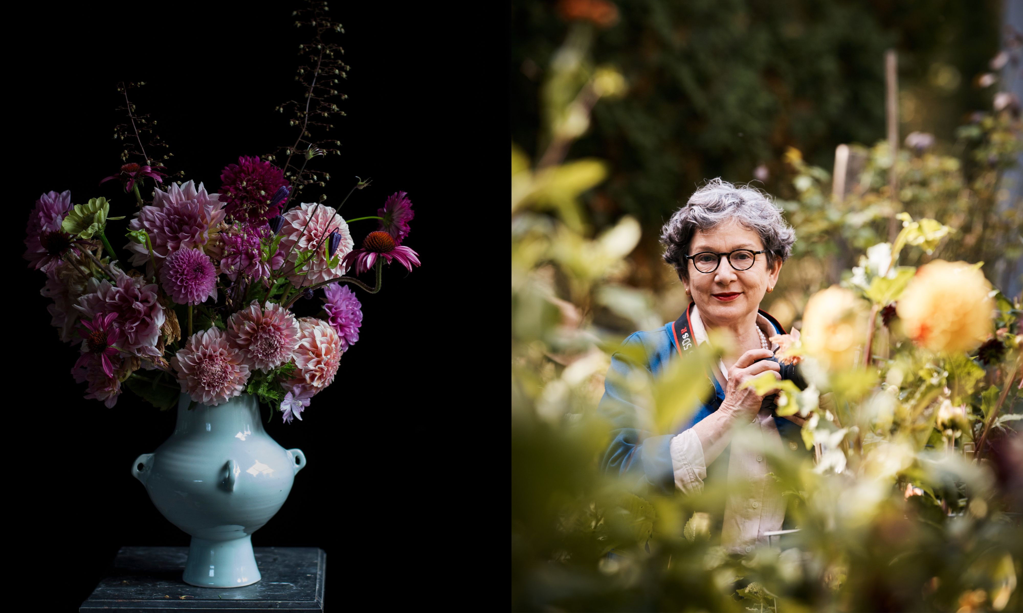 On the left: Frances Palmer's floral arrangement. On the right: Frances Palmer amidst flowers in her garden