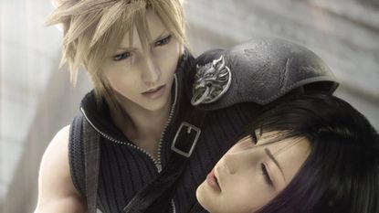 Screenshot from Final Fantasy 7 Advent Children showing Cloud holding an unconscious Tifa in his arms.