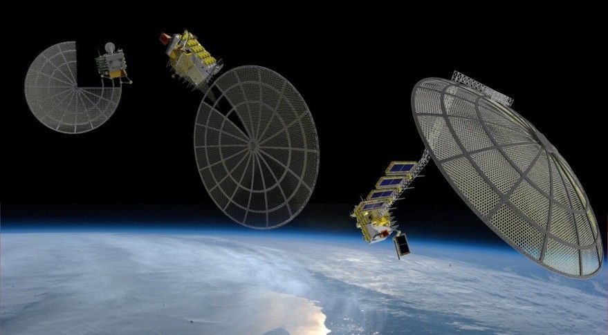 Artists&#039; concepts of Made In Space Archinaut spacecraft 3D-printing satellite reflectors in space.