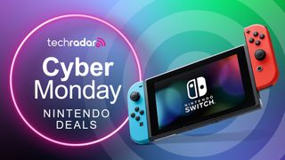 A Nintendo Switch console on a Cyber Monday TechRadar deals overlay