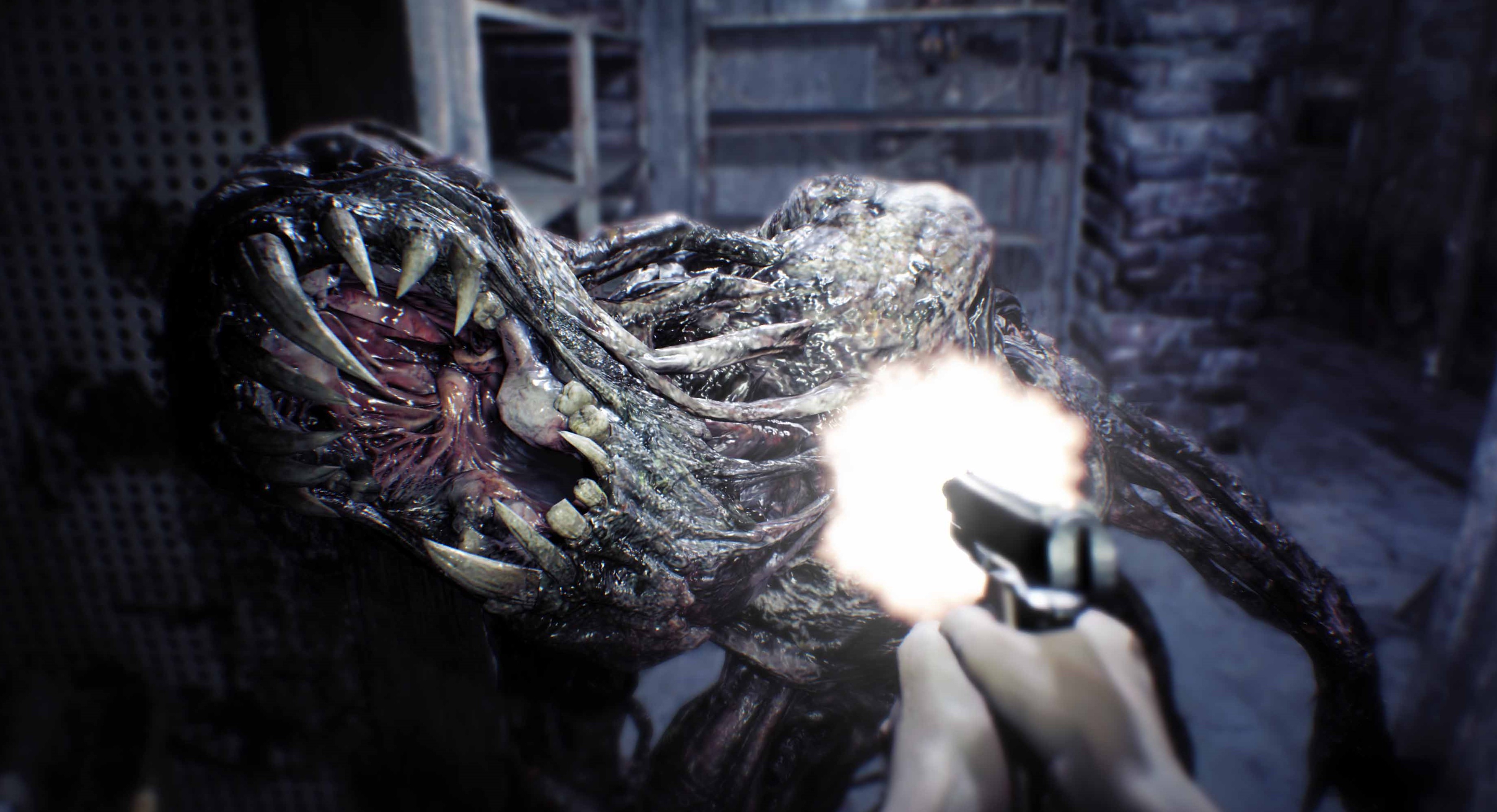 Character shooting a monster in Resident Evil 7: Biohazard