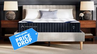 The image shows the DreamCloud Classic Hybrid mattress on a grey bed frame with a Tom's Guide 'Price drop' badge on top