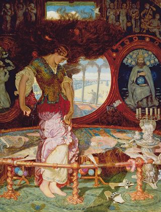 The Lady of Shalott, c.1886-1905 (oil on panel) (see also 495754) by William Holman Hunt (1827-1910). Oil on canvas, 44.4x34.1 cm. Part of the collection of the Manchester Art Gallery. The painting was inspired by the poem of 1832 by Alfred Lord Tennyson, 'The Lady of Shalott'. Hunt's depiction captures the moment after she has broken the rule of the curse forbidding her to look directly at the outside world and, seduced by the Sir Lancelot's joyful singing, has looked into the real world at Sir Lancelot; her tapestry is unravelling and symbolises the chaos and destruction that has now entered her world; behind her are portraits of Christ, on the left in Agony in the Garden and on the right, depicted in Majesty;).