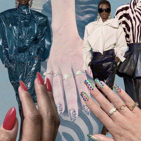 A collage of '80s-inspired nails set against runway shots from Balmain and Yves Saint Laurent runway shows.